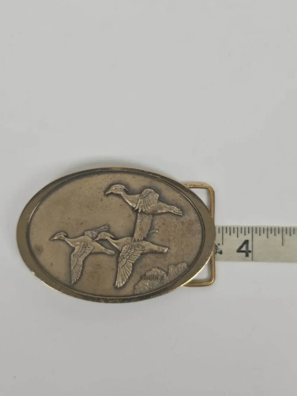 Owen Gromme Designed Three Wood Ducks Over Marsh 1980's Brass Tone Belt Buckle